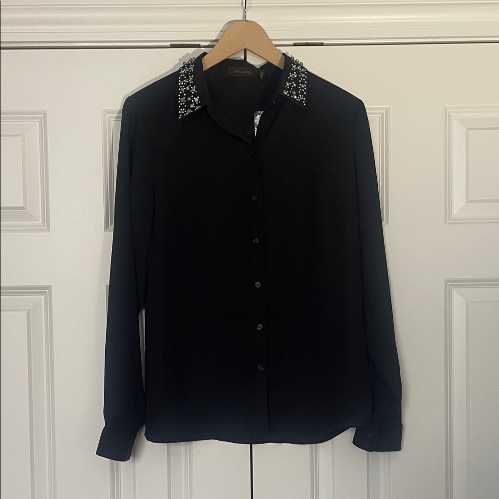 The Limited Rhinestone Collar Black Button-Up Blouse